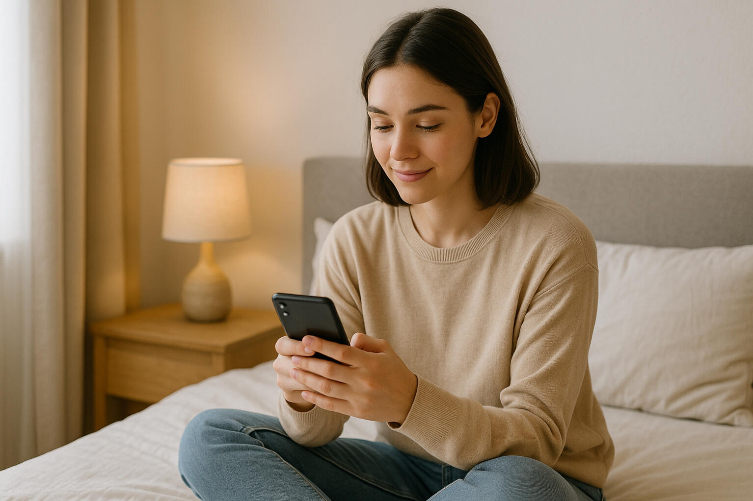 A white girl sitting on bed talking with Aitherapy on her phone A white girl sitting on bed talking with Aitherapy on her phone